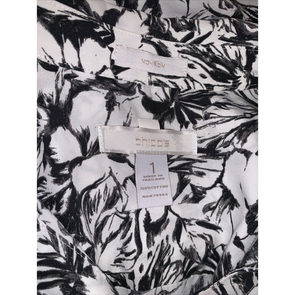 Chicos Size 1 Womens Medium No Iron Button Black And White 100% Cotton Floral - Picture 3 of 6